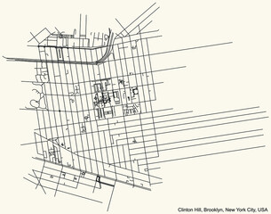 Black simple detailed street roads map on vintage beige background of the quarter Clinton Hill neighborhood of the Brooklyn borough of New York City, USA
