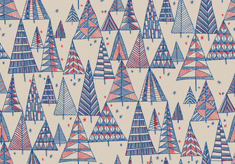Cute Christmas trees hand drawn seamless pattern