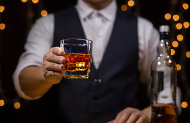 Bartender Serve Whiskey, on wood bar, 