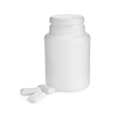 Chewing gum pieces and jar on white background