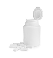 Chewing gum pieces and jar on white background