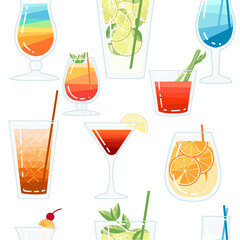 Seamless pattern exotic cocktails in transparent glass vector illustration on white background