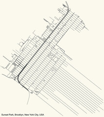Black simple detailed street roads map on vintage beige background of the quarter Sunset Park neighborhood of the Brooklyn borough of New York City, USA