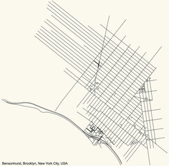 Black simple detailed street roads map on vintage beige background of the quarter Bensonhurst neighborhood of the Brooklyn borough of New York City, USA