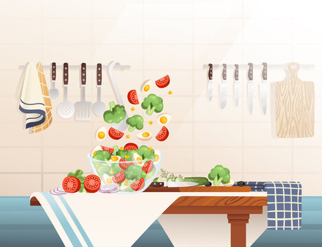 Cooking on kitchen table with glass bowl and ingredients preparing salad vector illustration on ceramic tile background