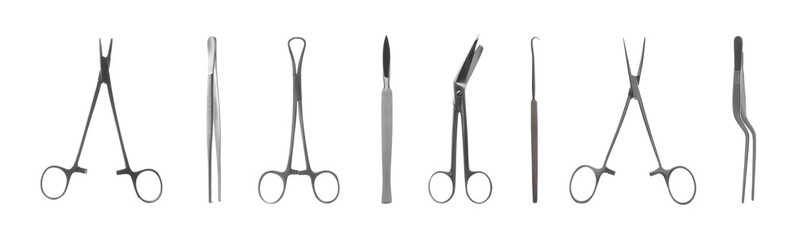 Set with different surgical instruments on white background. Banner design