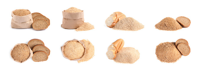 Set with fresh bread crumbs on white background. Banner design