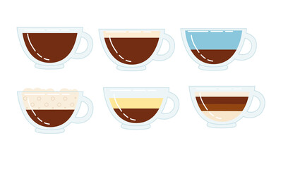 Set of different taste coffee in transparent glass cup vector illustration on white background