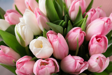 Fototapeta premium Big bouquet of beautiful tulips, closeup view