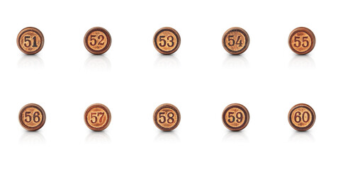 the numbers from fifty-one to sixty carved in round pieces of wood are isolated on a white background with shadow and reflection