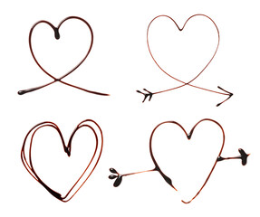 Set with hearts made of chocolate on white background, top view