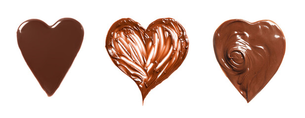 Set with hearts made of chocolate on white background, top view. Banner design