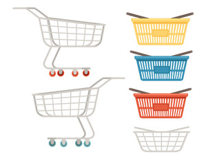 Set of shopping carts and baskets vector illustration isolated on white background