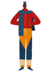 Girl bag stylish, fashionable shoes, trousers side pockets, isolated on white, lady hairstyle, flat style vector illustration.