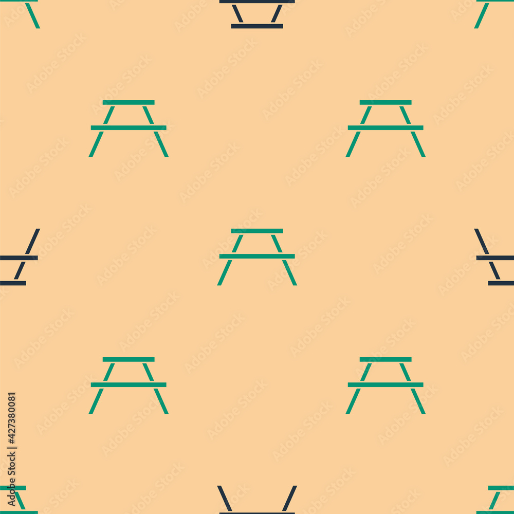 Poster green and black picnic table with benches on either side of the table icon isolated seamless pattern