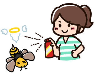 殺虫剤を使う女性　蜂