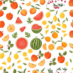 Seamless pattern collection of fresh raw fruits apple watermelon orange lemon cherry and peach vector illustration on white background