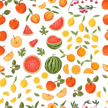 Seamless pattern collection of fresh raw fruits apple watermelon orange lemon cherry and peach vector illustration on white background