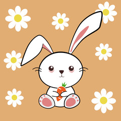 Little rabbit, hold carrot, orange  Among white flowers  Yellow background