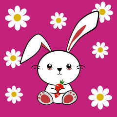 Little rabbit, hold carrot, orange  Among white flowers.  Pink background 