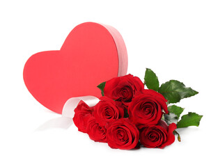 Fototapeta na wymiar Beautiful red roses and gift box on white background. St. Valentine's day celebration