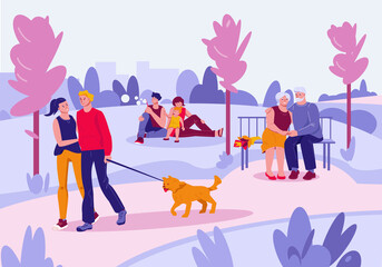 Various people at summer park performing leisure outdoor activities. Vector illustration in flat cartoon style.