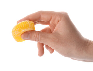 Woman with delicious mochi on white background, closeup. Traditional Japanese dessert