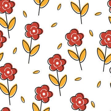 Cute seamless pattern with cartoon flowers and leaves for fabric print, textile, gift wrapping paper. colorful vector for kids, flat style