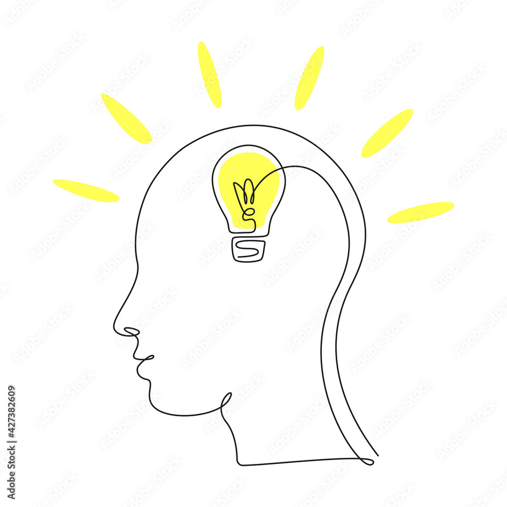 Poster lightbulb in head in one single line drawing for logo, emblem, web banner, presentation. continuous 