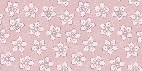 Pale pink spring flowers on a beige background. Vector seamless pattern for wrapping paper, packaging, wrapper, cover, banner, greeting card, website wallpaper, surface textures or printing on clothes