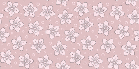 Pale pink spring flowers with five petals and small circles on a beige. Vector seamless pattern for wrapping paper, packaging, cover, banner, website wallpaper, surface textures or printing on clothes