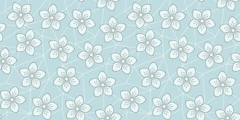 Spring flowers on a pale blue geometric polygonal background. Vector seamless pattern for wrapping paper, packaging, wrapper, cover, banner, website wallpaper, surface textures and printing on textile