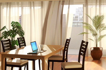 午後の陽射しが差し込むリビングルームと風に揺れるカーテン・テーブルに置かれたノートPC / リモートワーク・在宅勤務のコンセプトイメージ / 3Dレンダリンググラフィックス