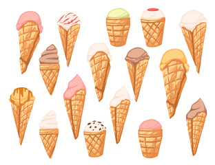 Big collection ice cream cones with different fillings vector illustration isolated on white background