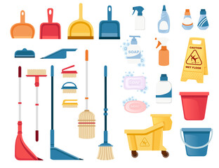 A set of items for cleaning and cleaning floors and disinfecting objects vector illustration isolated on white background