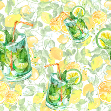 Vintage seamless watercolor pattern - hand drawing threads of lemon, lime with leaves. Seamless watercolor pattern with a drink, cocktail with lemon, ice, mojito, smoothies. Painting Citrus fruits.