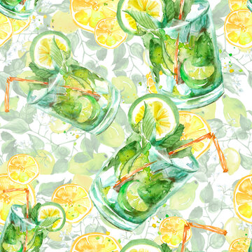 Vintage seamless watercolor pattern - hand drawing threads of lemon, lime with leaves. Seamless watercolor pattern with a drink, cocktail with lemon, ice, mojito, smoothies. Painting Citrus fruits. © helgafo