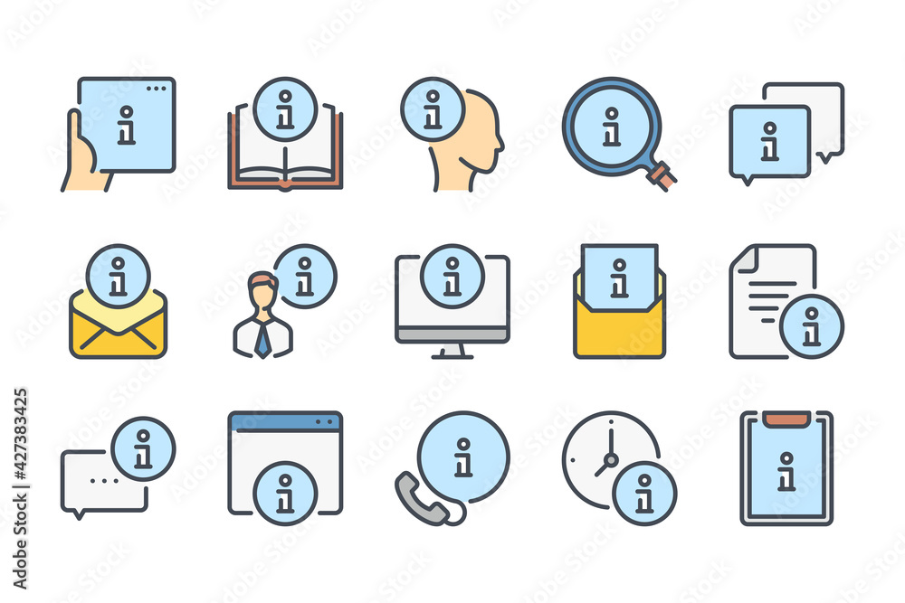 Poster info center and guide information color line icon set. customer service and user assistance linear i
