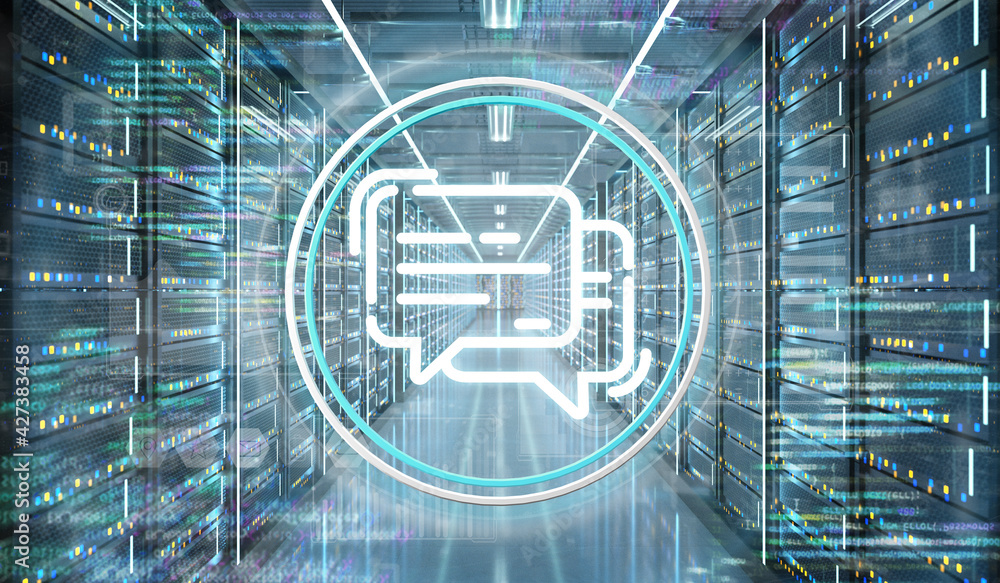 Poster message icon in a server room data center - 3d rendering