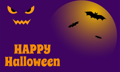 Happy Halloween greeting card, poster or banner with bats on the background of the moon glowing with evil eyes and a no-face grin. Design for poster, postcard, banner, flyer, website