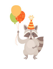 Cute raccoon in a cone-cap holds a air balloons in hands birthday animal concept cartoon animal design vector illustration on white background