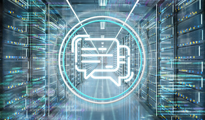 Message icon in a Server room data center - 3d rendering