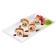 Sushi set isolated on white. Japanese cuisne traditional. Sushi with unagi sauce isolate