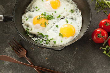 scrambled eggs for breakfast. fried eggs in a pan. traditional European and Slavic breakfast.