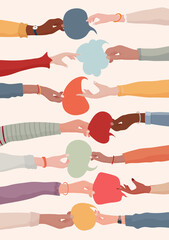 Arms and hands holding speech bubble. Agreement or affair between a group of colleagues or collaborators.Diversity People who exchange information. Concept of sharing ideas. Community - obrazy, fototapety, plakaty