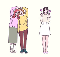 Friends are making heart with their arms and finger. hand drawn style vector design illustrations. 