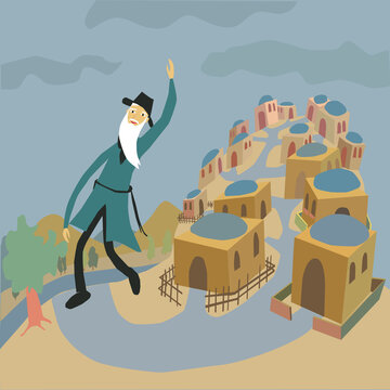 An old Hasidic man with a hat, dancing on the mountains of Jerusalem - the Jew's holy city. In the background houses, river, hill and landscape.
A special artistic vector painting in a dreamlike style