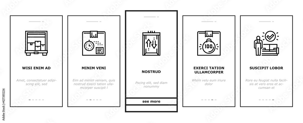 Poster mover express service onboarding mobile app page screen vector. mover worker delivery cardboard box 
