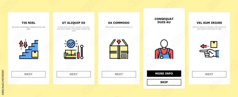 Poster mover express service onboarding mobile app page screen vector. mover worker delivery cardboard box 