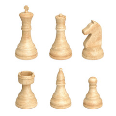 Set of white wooden chess pieces views isolated on white background. 3d render illustration. 